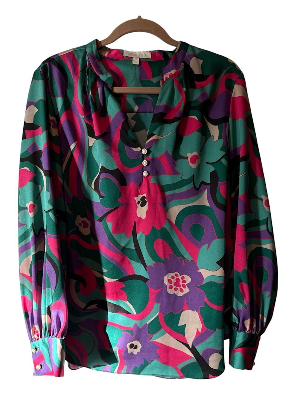 Etcetera Woven Floral Keyhole Blouse - Teal & Pink